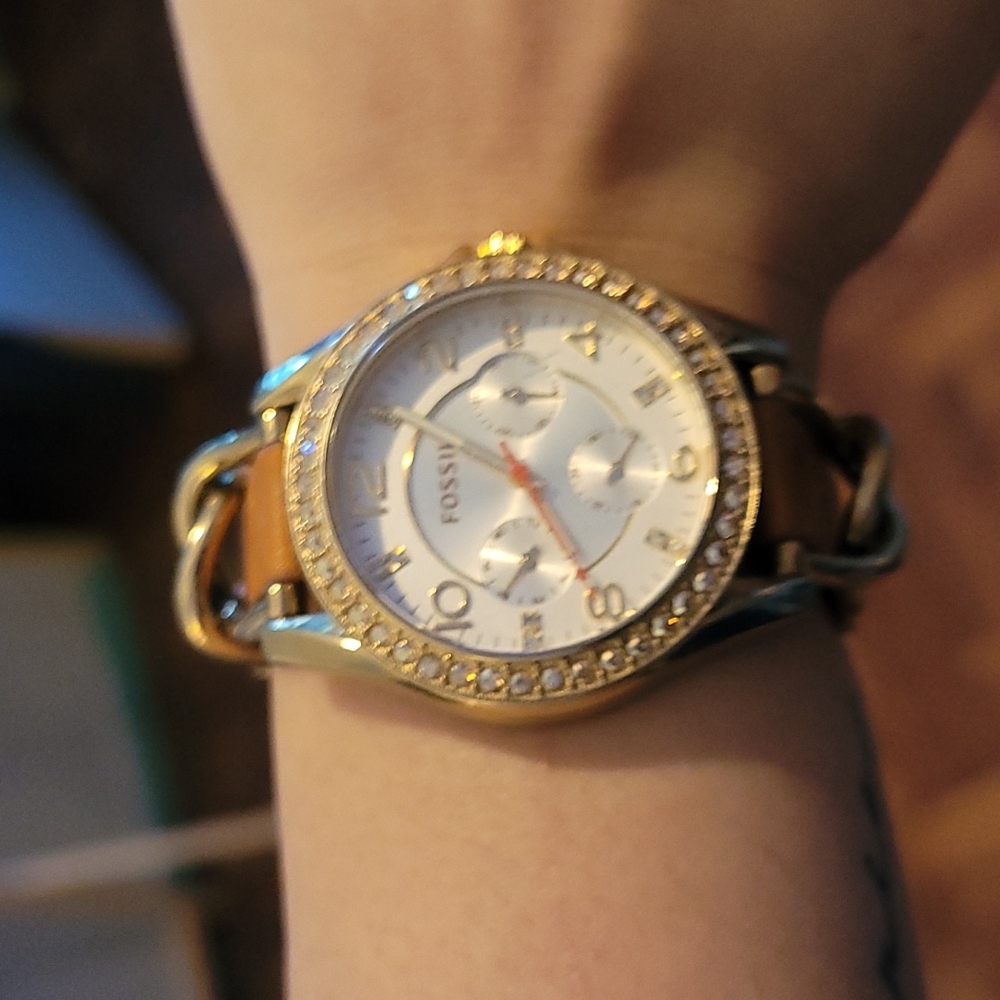 Fossil Riley Watch cognac Leather Strap, Gold Accents